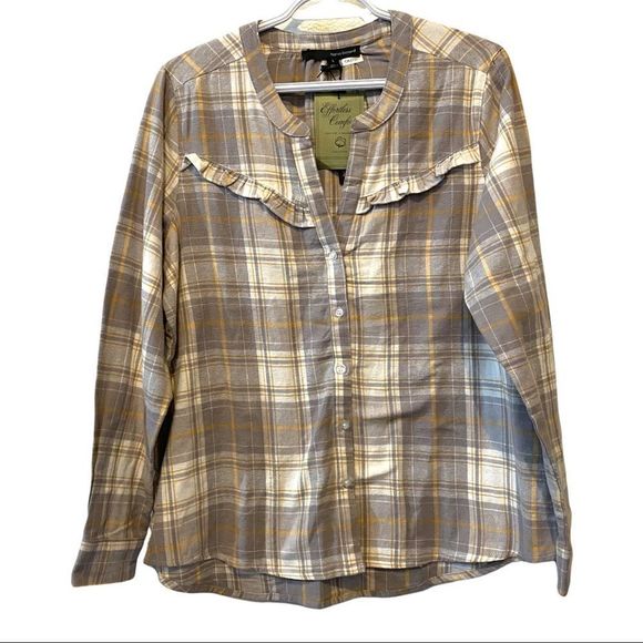 NWT Harve Benard grey/yellow flannel plaid button front shirt ruffle detail L - Picture 7 of 7
